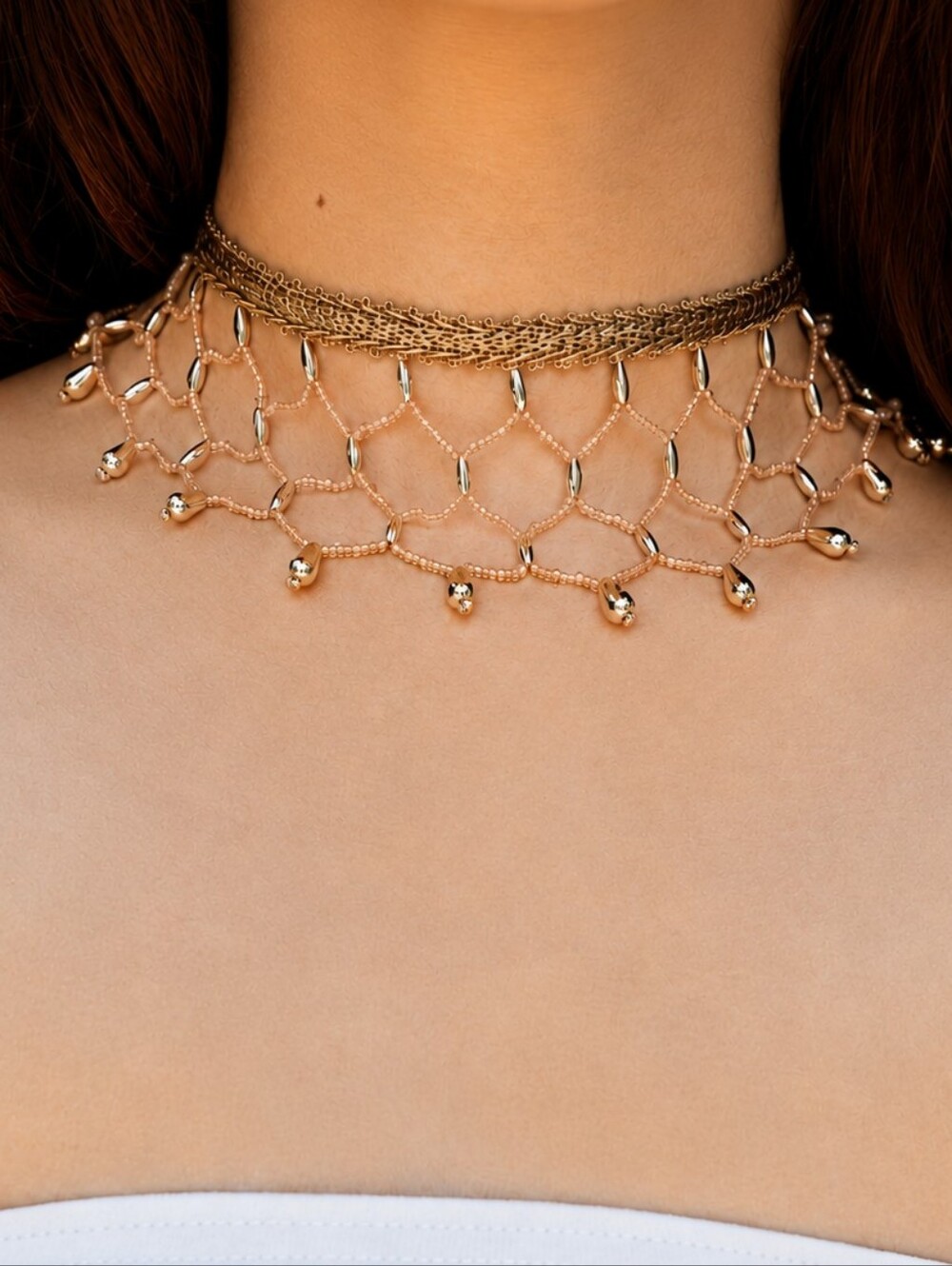 Handmade Gold Mesh Beaded Boho Statement Choker Necklace - Elegant Women Jewelry - Picture 2 of 8
